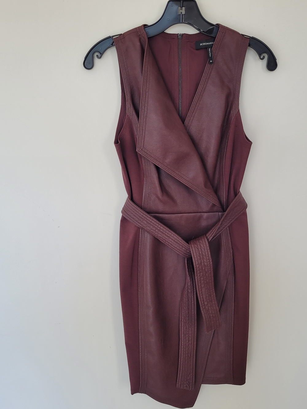 BCBGMaxAzria Burgundy Asymmetrical Faux Leather Belted Dress - Picture 9 of 9
